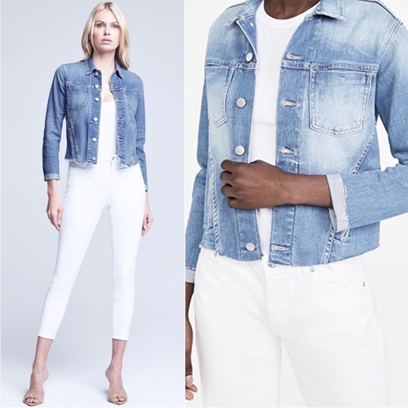 NWT L'AGENCE 90s Distressed Vintage Wash Denim Raw Hem Crop Slim Jean Jacket XS - Picture 3 of 16